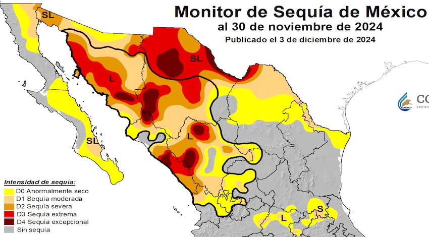 Monitor de Sequía de México - 30 de noviembre 2024